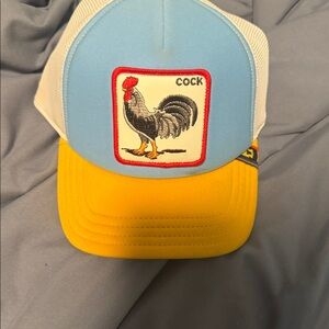 Blue and Yellow Trucker Hat with Rooster Patch goorin bros